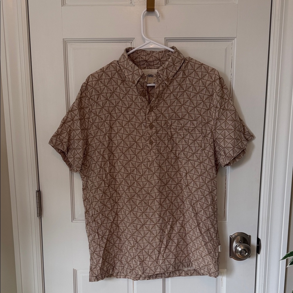 UpWest Men’s Geometric Print Short Sleeve Button-Up Shirt - Size M - Tan & Cream